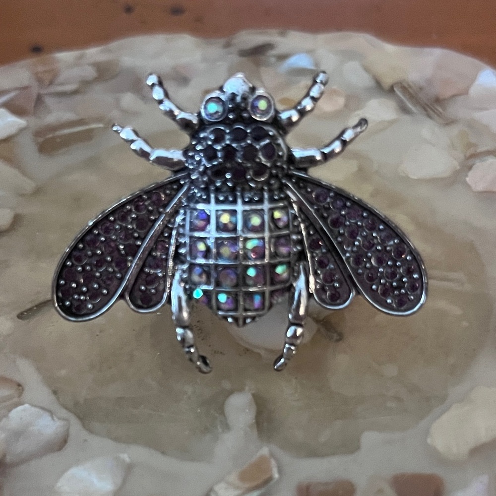 Sparkling Beetle purple crystal silver tone adjustable ring